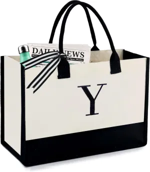 BeeGreen Birthday Gifts For Women 13oz Canvas Tote Bag with Pocket Initial Gifts For Sister Mom Friends Teacher