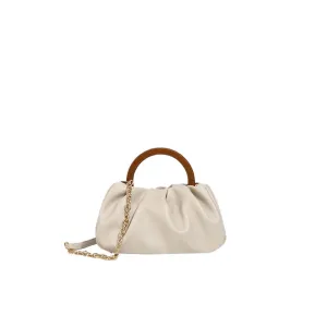 Beige Scrunch Trim Leather Tote Bag with Modern Loop Top
