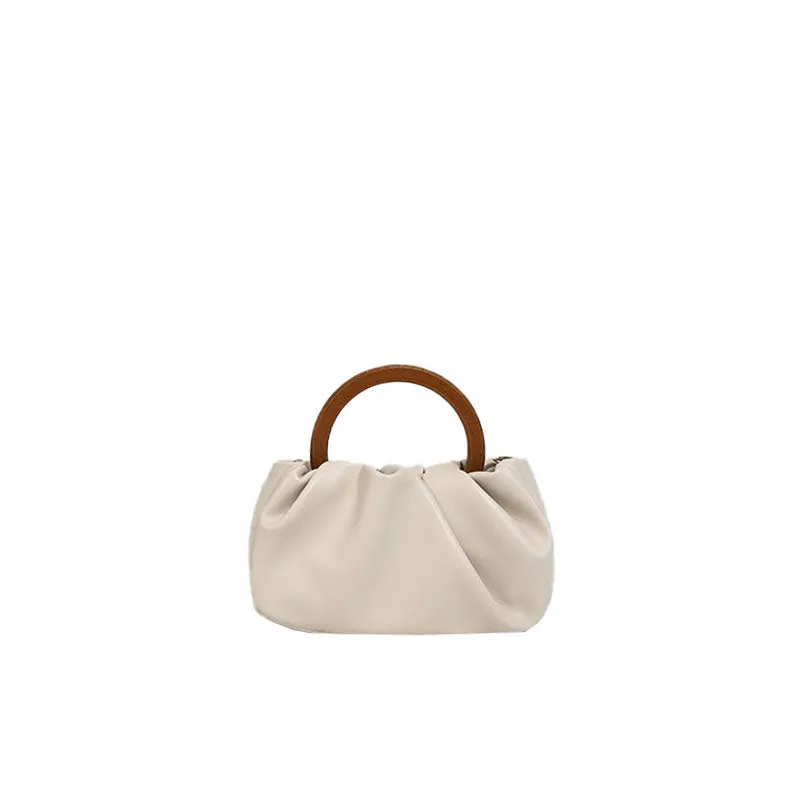 Beige Scrunch Trim Leather Tote Bag with Modern Loop Top