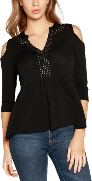 Belldini Black Label Petite Cold Shoulder Split Neck Peplum Top Black Pewter PM