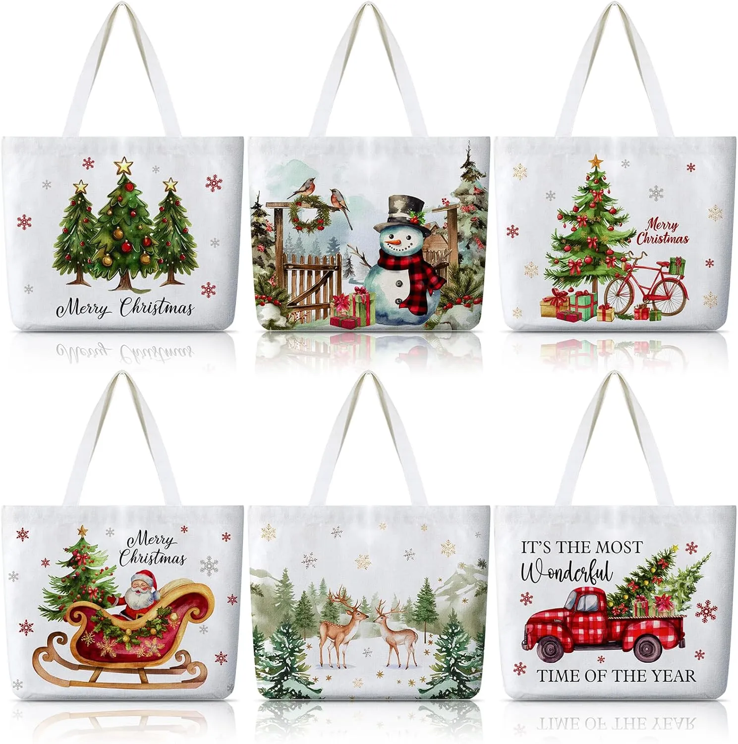 Bencailor 6 Pcs Christmas Canvas Tote Bags Cute Floral Tote Bag Aesthetic Gift Bags Xmas Tree Reusable Grocery Bag for Women