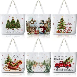 Bencailor 6 Pcs Christmas Canvas Tote Bags Cute Floral Tote Bag Aesthetic Gift Bags Xmas Tree Reusable Grocery Bag for Women