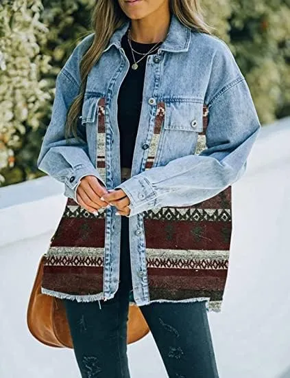Bengbobar Women's Aztec Denim Jacket Distressed Lapel Long Sleeve Vintage Button Down Denim Jacket Shacket