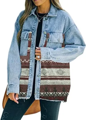 Bengbobar Women's Aztec Denim Jacket Distressed Lapel Long Sleeve Vintage Button Down Denim Jacket Shacket