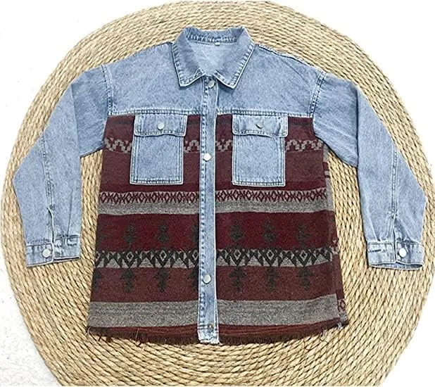 Bengbobar Women's Aztec Denim Jacket Distressed Lapel Long Sleeve Vintage Button Down Denim Jacket Shacket