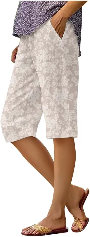 Bermuda Shorts for Women Knee Length Cotton Linen Capris Elastic Waisted Pants Summer Beach Long Shorts with Pockets