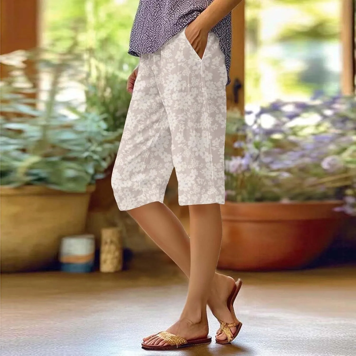 Bermuda Shorts for Women Knee Length Cotton Linen Capris Elastic Waisted Pants Summer Beach Long Shorts with Pockets