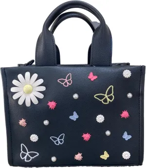 Betsey Johnson XO Nora Black Faux Leather 3D And Embroidered Charms Small Top Handle Tote Shoulder Bag Includes 3D Daisies, Butterflies, Lady Bugs, White Floral Charms With Silver Tone Ball Studs