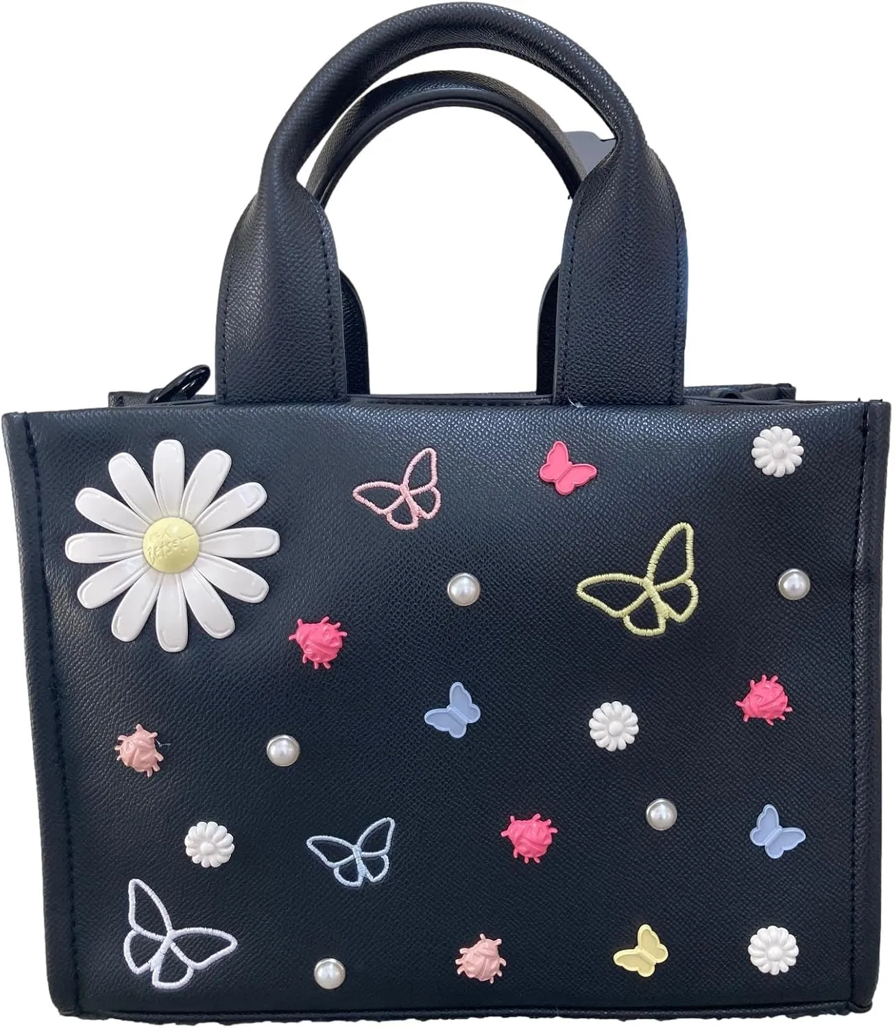 Betsey Johnson XO Nora Black Faux Leather 3D And Embroidered Charms Small Top Handle Tote Shoulder Bag Includes 3D Daisies, Butterflies, Lady Bugs, White Floral Charms With Silver Tone Ball Studs