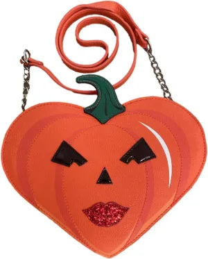 Betsey Johnson XOGINGER Kitsch Halloween Fall Orange Textured Faux Leather Pumpkin Jack O’ Lantern W/Faux Patent Eyes & Red Glitter Lips Crossbody Shoulder Bag