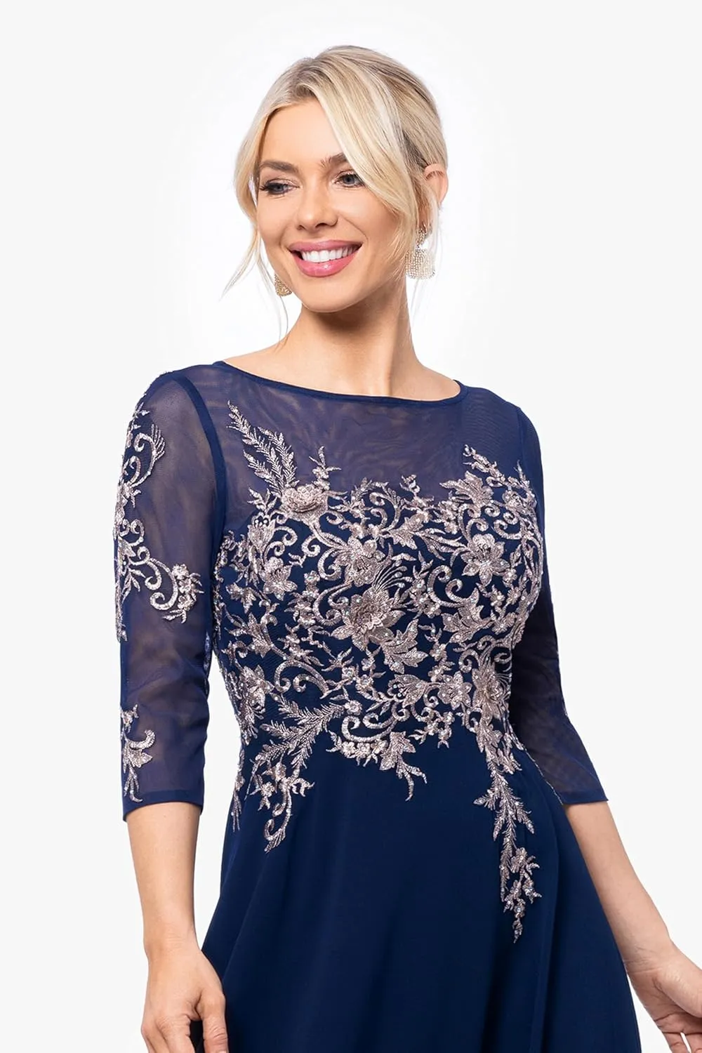 Betsy & Adam Women's Long 3/4 Sleeve Embroidered Chiffon Gown