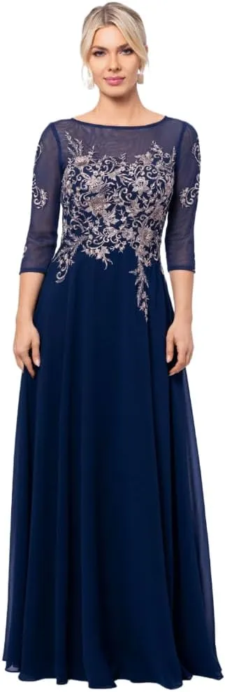Betsy & Adam Women's Long 3/4 Sleeve Embroidered Chiffon Gown