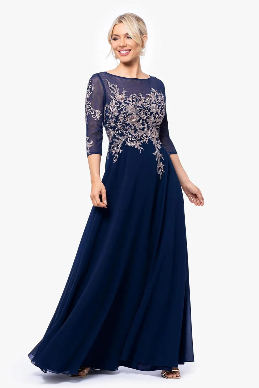 Betsy & Adam Women's Long 3/4 Sleeve Embroidered Chiffon Gown