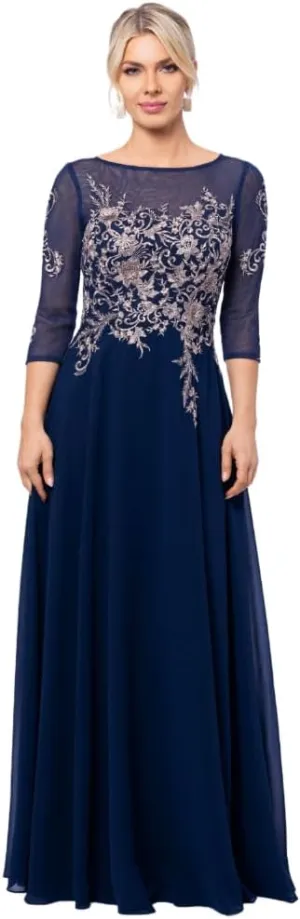 Betsy & Adam Women's Long 3/4 Sleeve Embroidered Chiffon Gown