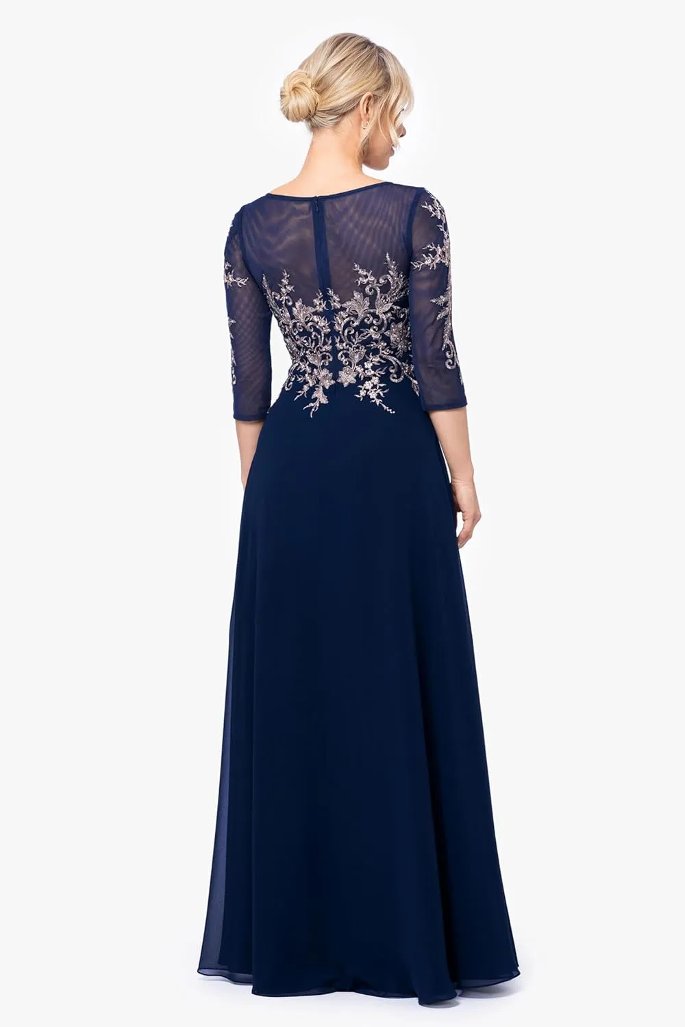 Betsy & Adam Women's Long 3/4 Sleeve Embroidered Chiffon Gown