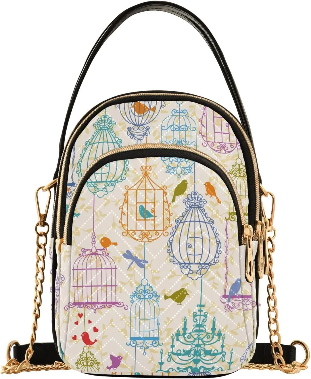 Birds and Cages Vintage Pattern Design Crossbody Bags Shoulder Bag for Women Stylish Ladies Messenger Bags Cell Phone Purse and Handbags Wallet
