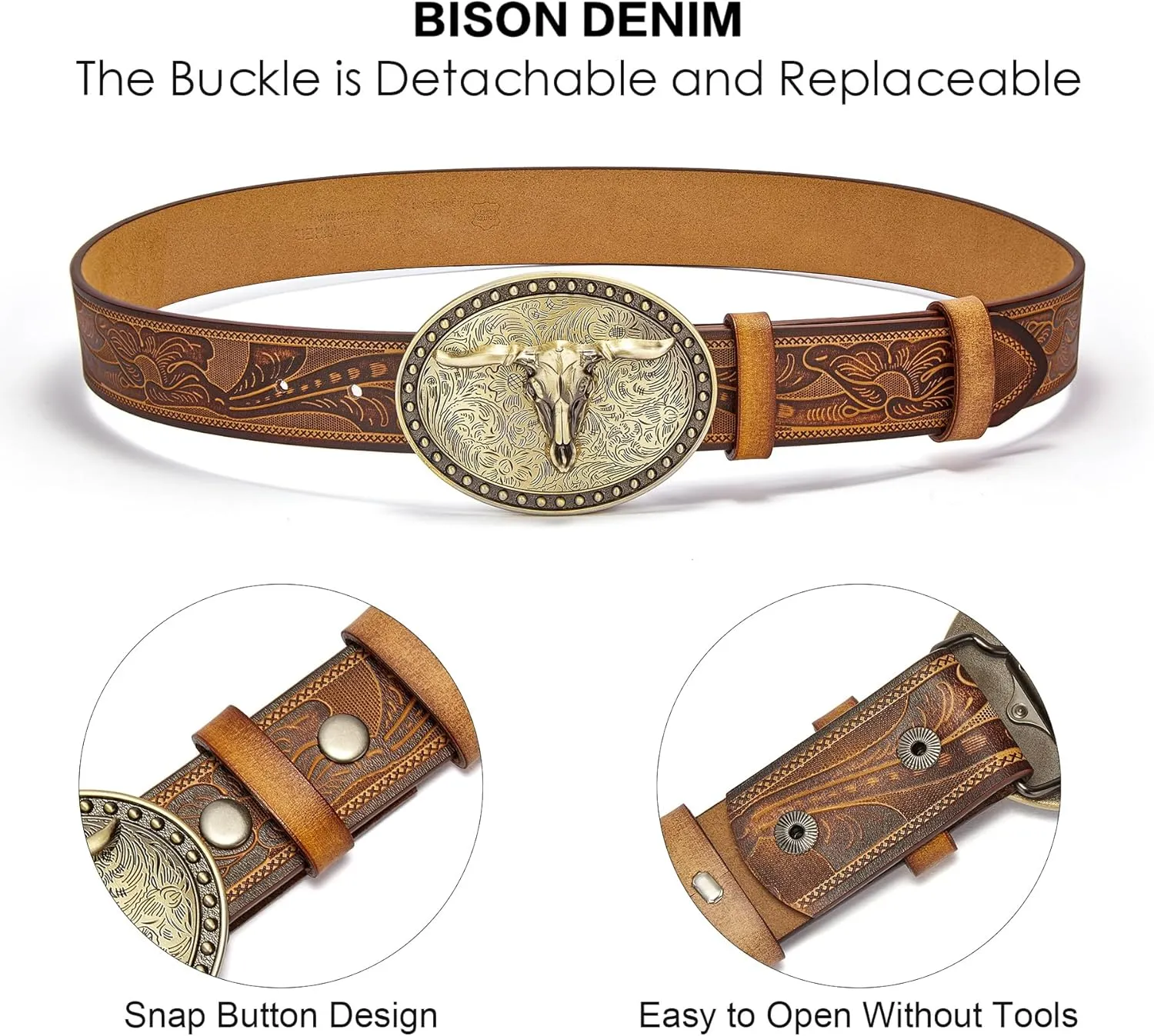 BISON DENIM Mens Western Cowboy Belt - Longhorn Cow Pattern Buckle with Printed Engraved Buckle Strap Adjustable
