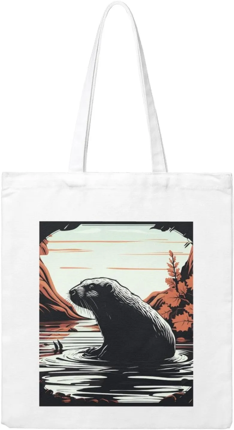 Black Beaver Large Canvas Tote Bag Cute Travel Shoulder Bag Reusable Washable Shopping Grocery Bags For Women Men