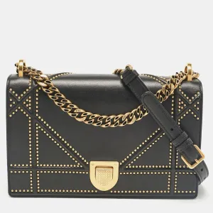 Black Leather Medium Studded Diorama Flap Shoulder Bag