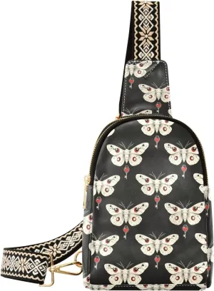 Black Moth Butterfly Full-Print Leather Fashion Waist Pack Small Crossbody Bag with Card Slots & Adjustable Strap for Biking Shopping Hiking Running & Casual Outings