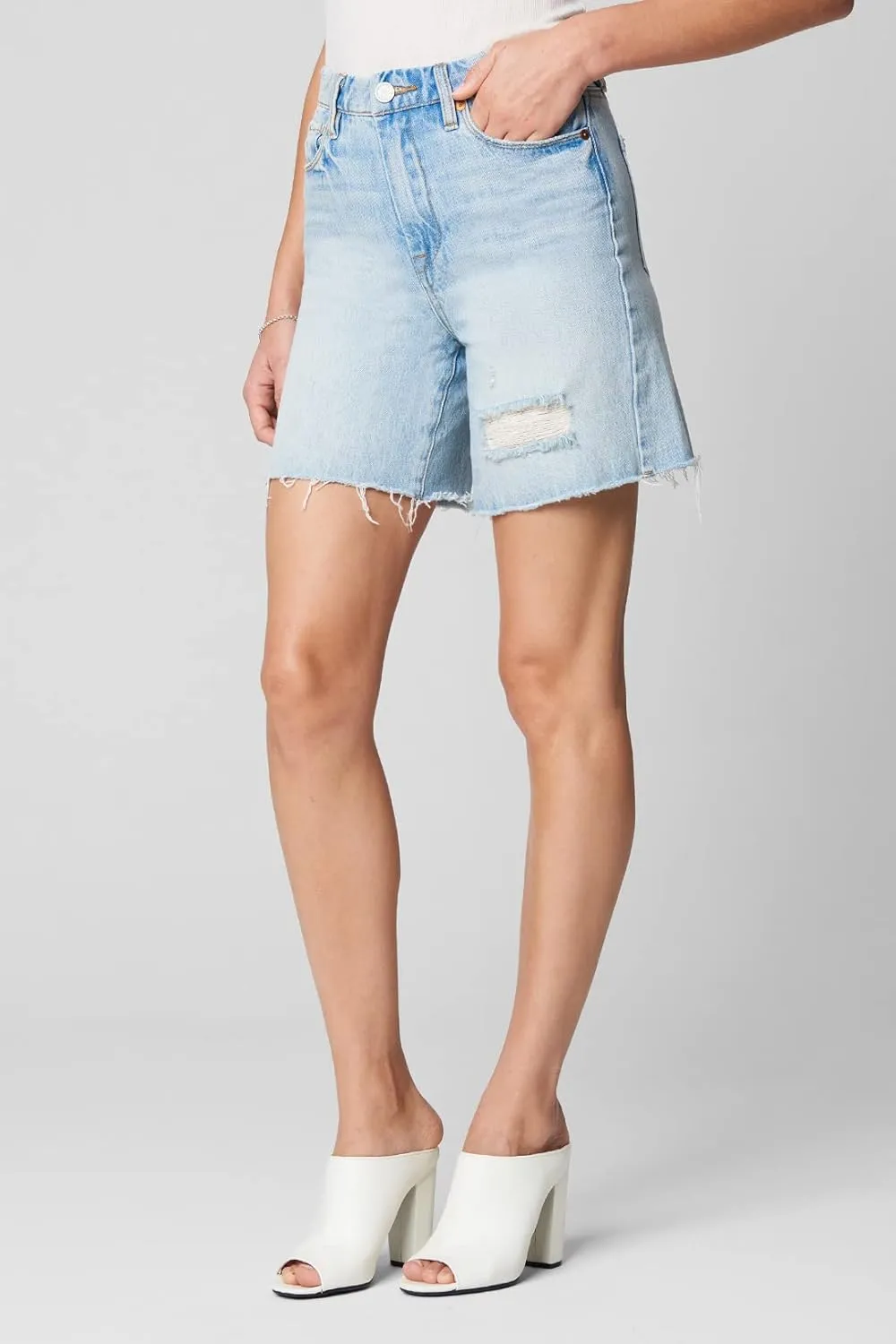[BLANKNYC] Womens Luxury Clothing High Rise Distressed Denim Shorts, Comfortable & Fitting