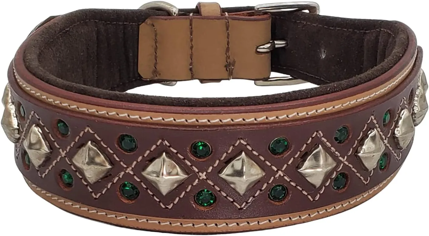 Blazing Paws Darlington Wide 2 inch Luxury Soft Suede Padded Leather Dog Collar for XL Large Dogs, Handmade Stud Crystal Fancy Western Design (XL: Neck Size 20-23", Natural/Brown)