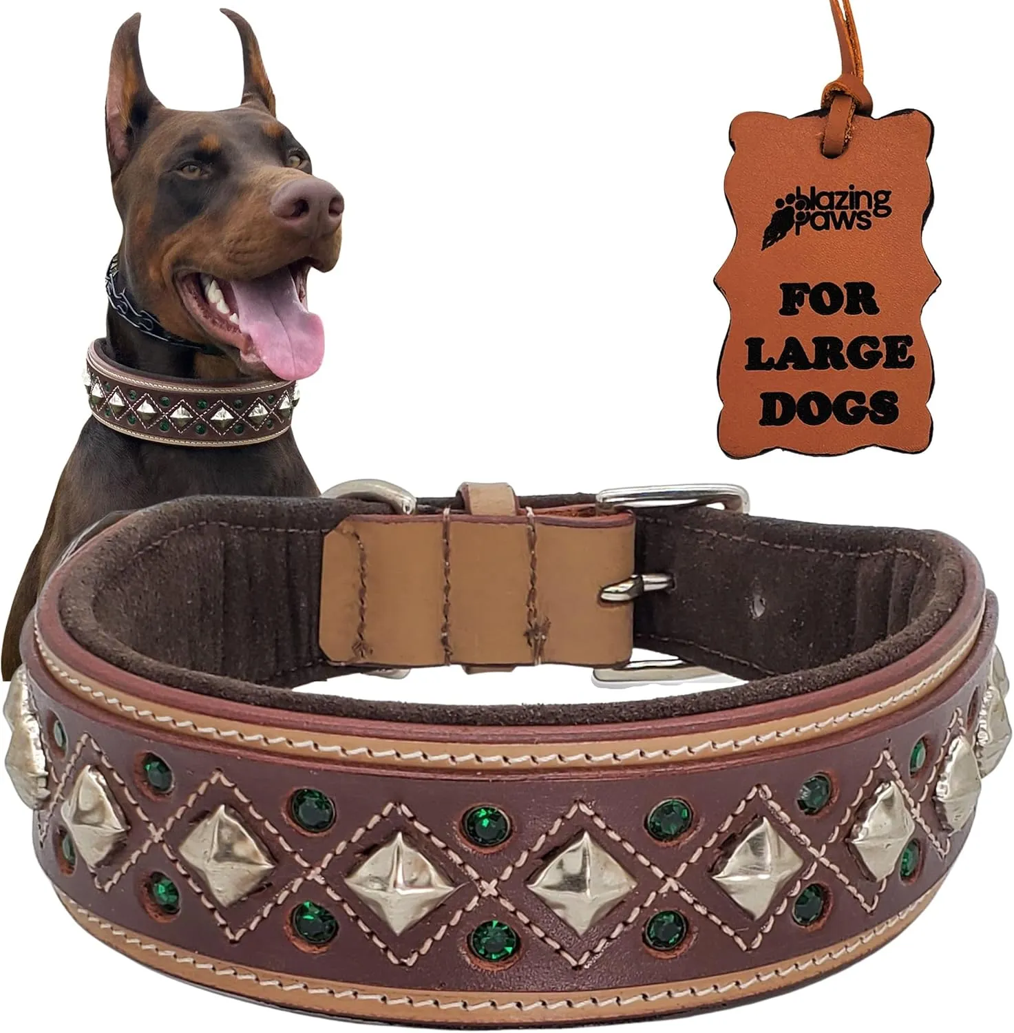Blazing Paws Darlington Wide 2 inch Luxury Soft Suede Padded Leather Dog Collar for XL Large Dogs, Handmade Stud Crystal Fancy Western Design (XL: Neck Size 20-23", Natural/Brown)