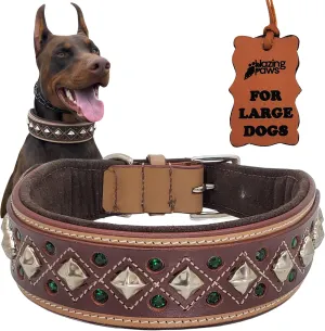 Blazing Paws Darlington Wide 2 inch Luxury Soft Suede Padded Leather Dog Collar for XL Large Dogs, Handmade Stud Crystal Fancy Western Design (XL: Neck Size 20-23", Natural/Brown)