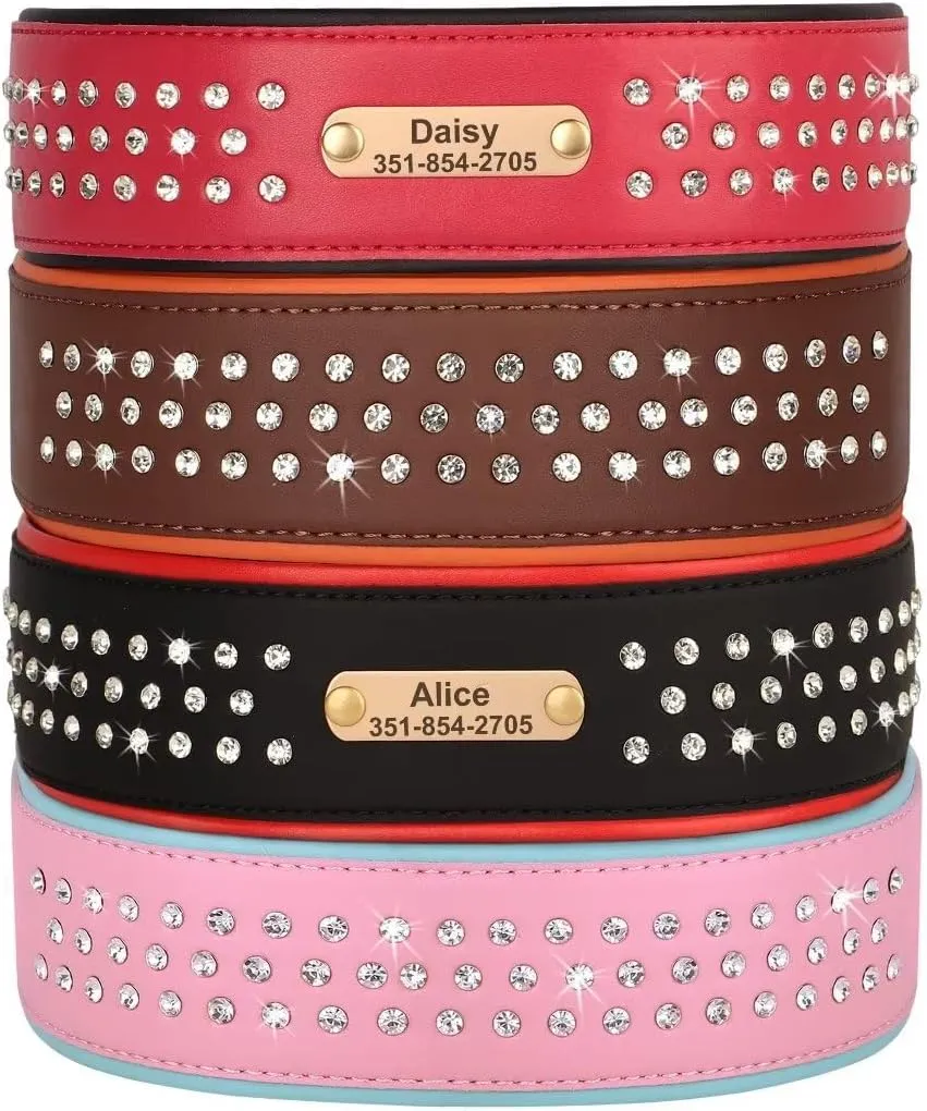 Bling Rhinestone Personalized Dog Collars for Medium Dogs, Dazzling Sparkling Custom Dog Collar with Name Plate, Heavy Duty Pink Leather Dog Collar with 3 Rows Diamonds Studded, M