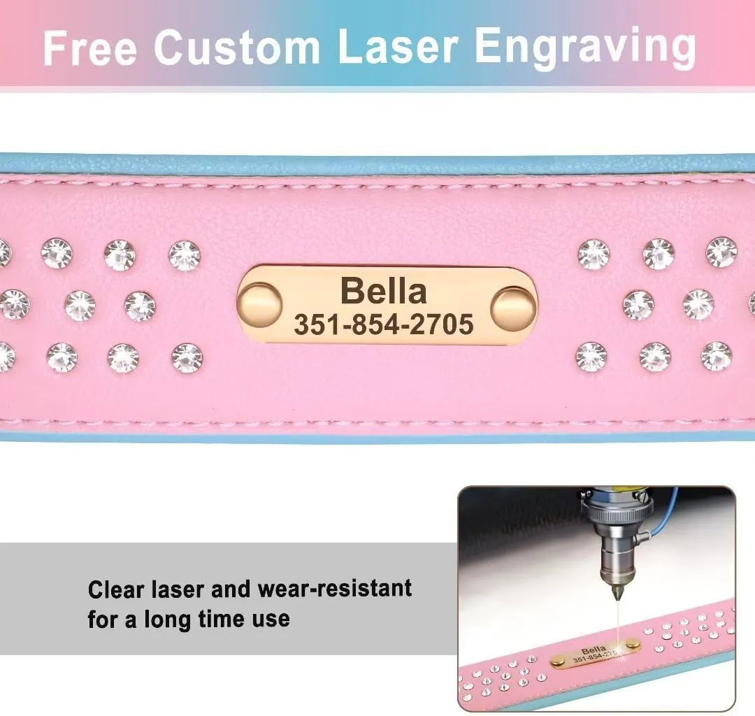 Bling Rhinestone Personalized Dog Collars for Medium Dogs, Dazzling Sparkling Custom Dog Collar with Name Plate, Heavy Duty Pink Leather Dog Collar with 3 Rows Diamonds Studded, M