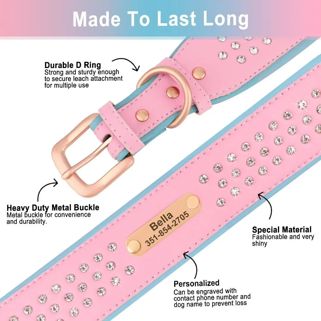 Bling Rhinestone Personalized Dog Collars for Medium Dogs, Dazzling Sparkling Custom Dog Collar with Name Plate, Heavy Duty Pink Leather Dog Collar with 3 Rows Diamonds Studded, M