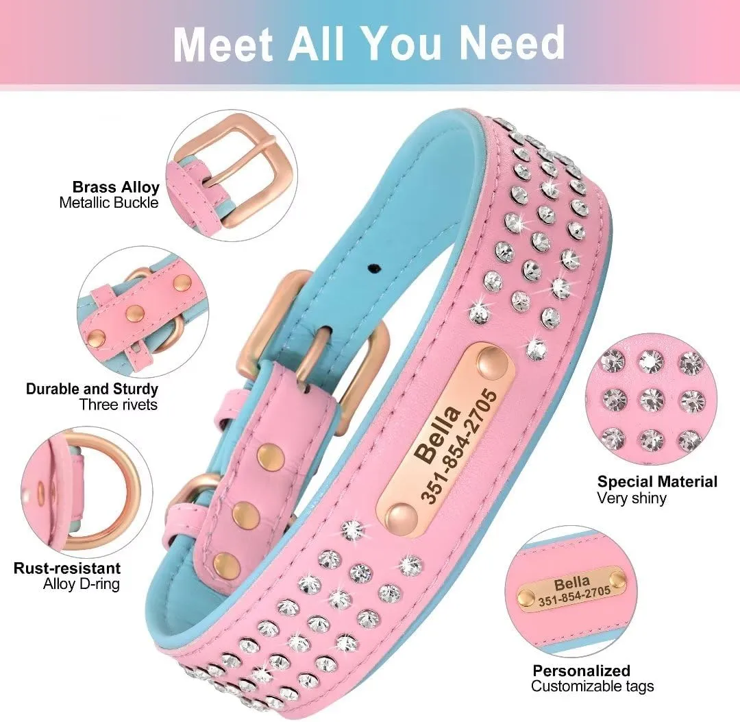 Bling Rhinestone Personalized Dog Collars for Medium Dogs, Dazzling Sparkling Custom Dog Collar with Name Plate, Heavy Duty Pink Leather Dog Collar with 3 Rows Diamonds Studded, M