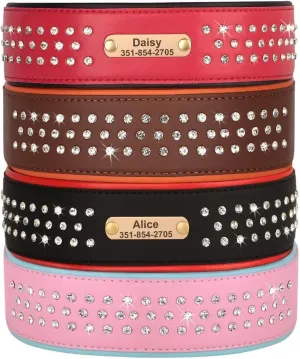 Bling Rhinestone Personalized Dog Collars for Medium Dogs, Dazzling Sparkling Custom Dog Collar with Name Plate, Heavy Duty Pink Leather Dog Collar with 3 Rows Diamonds Studded, M