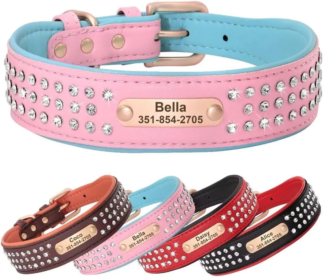 Bling Rhinestone Personalized Dog Collars for Medium Dogs, Dazzling Sparkling Custom Dog Collar with Name Plate, Heavy Duty Pink Leather Dog Collar with 3 Rows Diamonds Studded, M