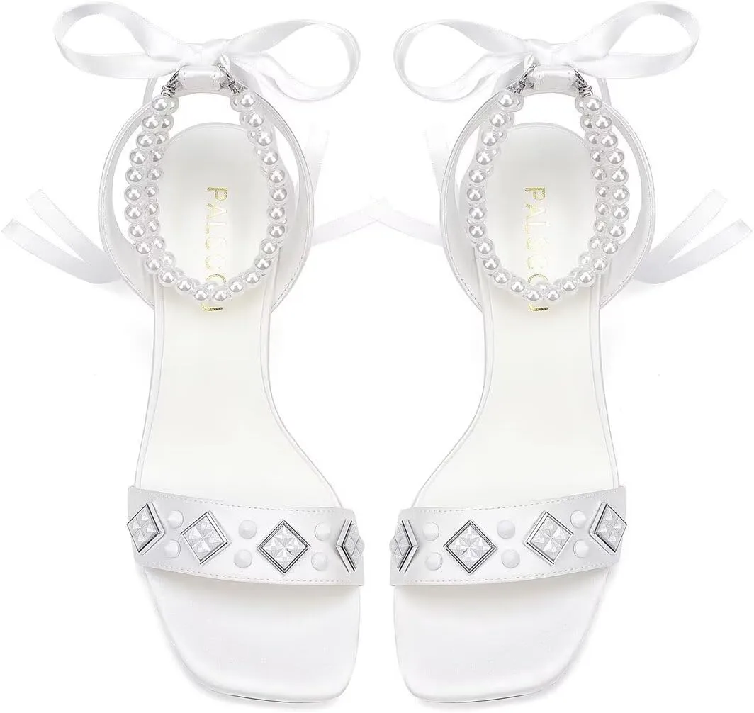 Block Heel Wedding Sandals Open Toe Wedding Shoes for Bride Pearl Heels Studded Bridal Shoes
