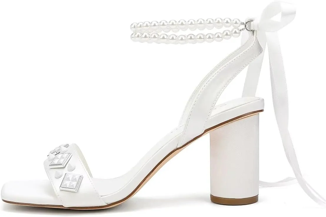 Block Heel Wedding Sandals Open Toe Wedding Shoes for Bride Pearl Heels Studded Bridal Shoes