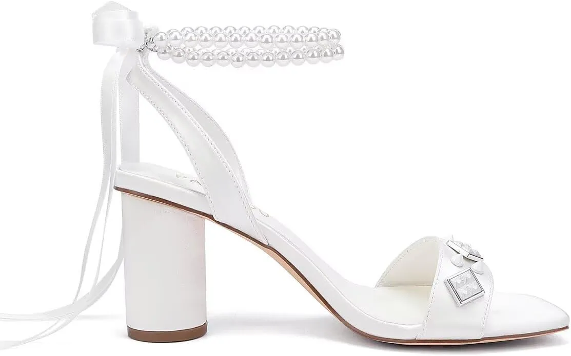 Block Heel Wedding Sandals Open Toe Wedding Shoes for Bride Pearl Heels Studded Bridal Shoes