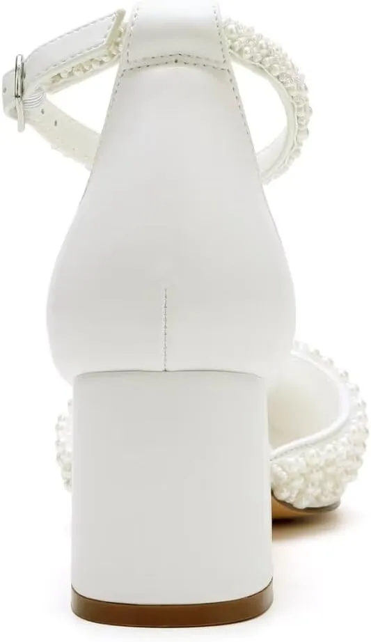 Block Heel Wedding Shoes for Bride Pointed Toe Pearl Heels Ankle Strap Wedding Heels Bridal Shoes