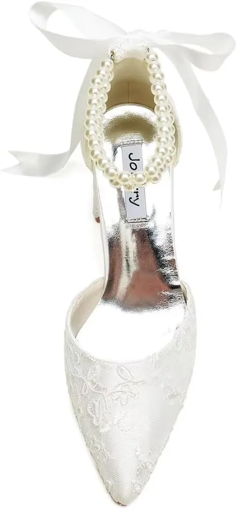 Block Heel Wedding Shoes for Bride Pointed Toe Pearl Wedding Heels Bridal Shoes