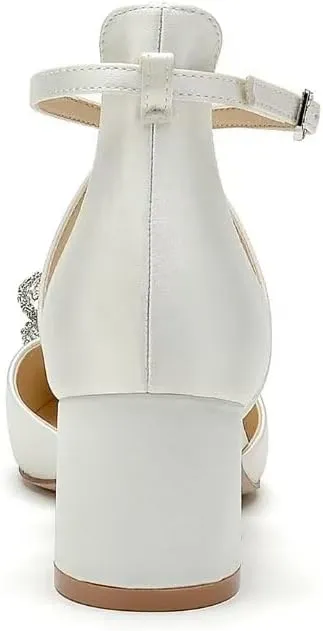 Block Heel Wedding Shoes for Bride with Bow Cross Strap Wedding Heels Pointed Toe Bridal Shoes