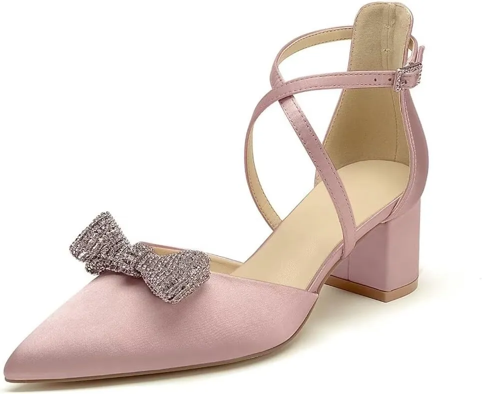 Block Heel Wedding Shoes for Bride with Bow Cross Strap Wedding Heels Pointed Toe Bridal Shoes