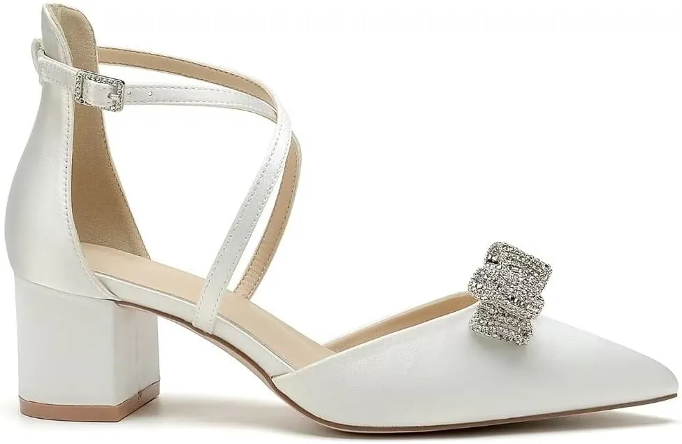 Block Heel Wedding Shoes for Bride with Bow Cross Strap Wedding Heels Pointed Toe Bridal Shoes