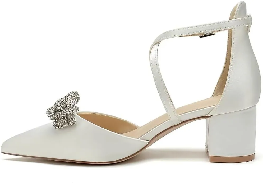 Block Heel Wedding Shoes for Bride with Bow Cross Strap Wedding Heels Pointed Toe Bridal Shoes