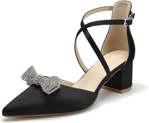 Block Heel Wedding Shoes for Bride with Bow Cross Strap Wedding Heels Pointed Toe Bridal Shoes