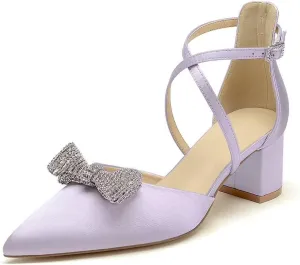 Block Heel Wedding Shoes for Bride with Bow Cross Strap Wedding Heels Pointed Toe Bridal Shoes