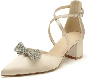 Block Heel Wedding Shoes for Bride with Bow Cross Strap Wedding Heels Pointed Toe Bridal Shoes