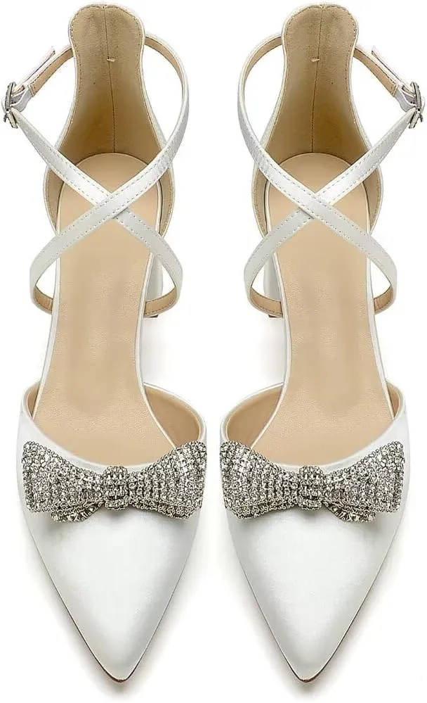 Block Heel Wedding Shoes for Bride with Bow Cross Strap Wedding Heels Pointed Toe Bridal Shoes