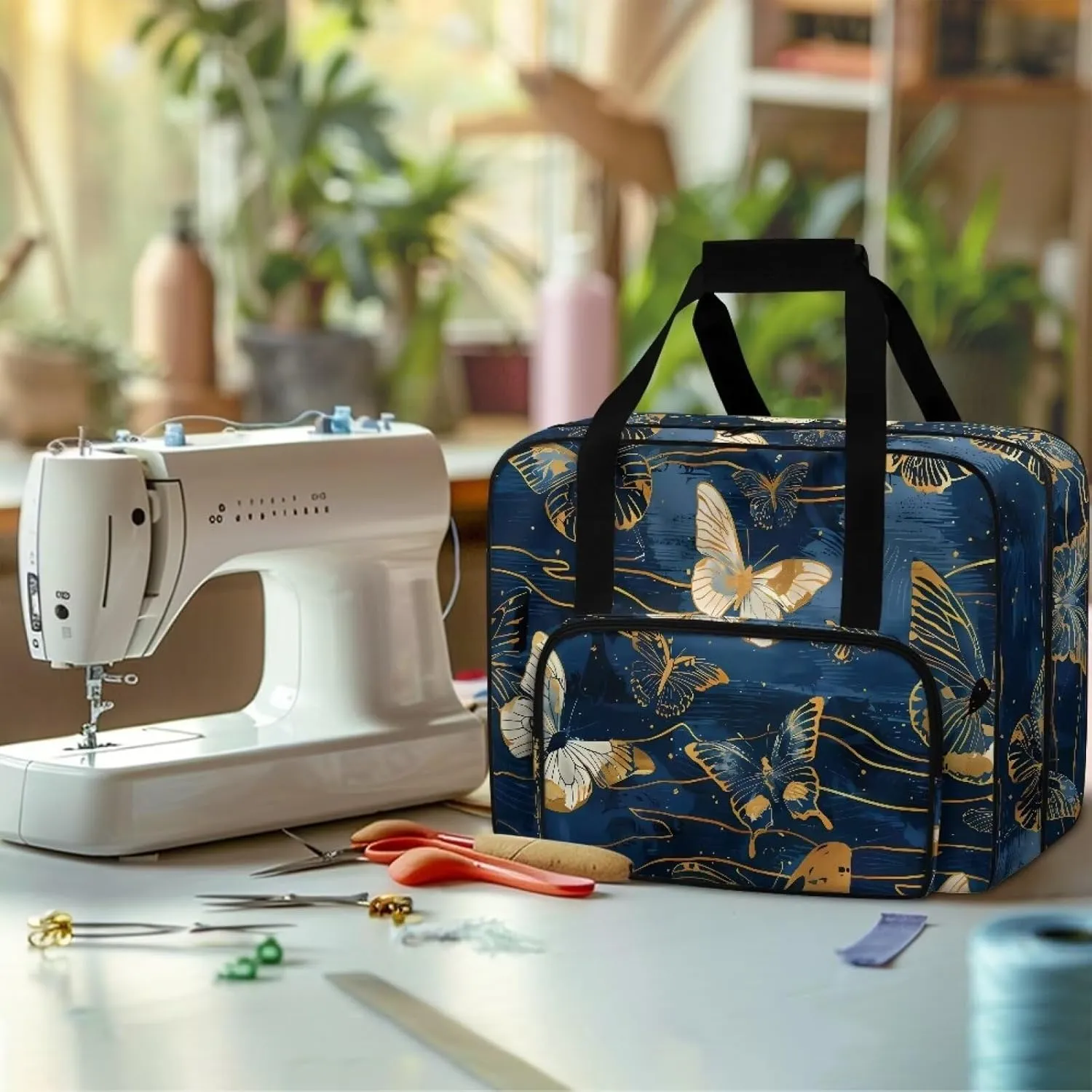 Blue and Golden Butterfly Sewing Machine Carrying Case Padded Storage Cover Carrying Case with Pockets, Suitable for Most Standard Singer, Brother