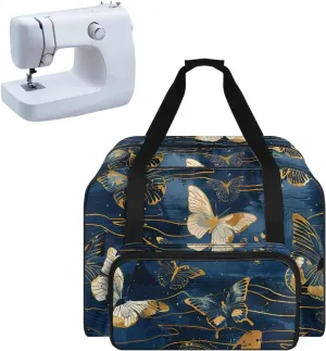 Blue and Golden Butterfly Sewing Machine Carrying Case Padded Storage Cover Carrying Case with Pockets, Suitable for Most Standard Singer, Brother