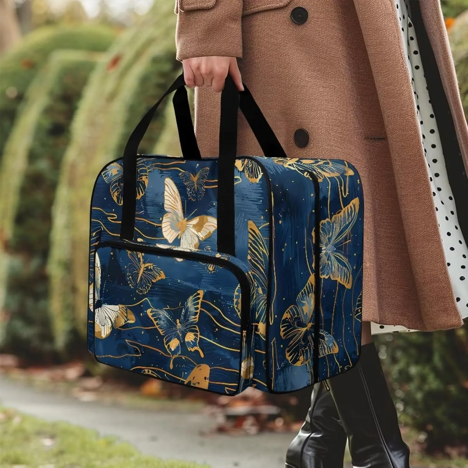 Blue and Golden Butterfly Sewing Machine Carrying Case Padded Storage Cover Carrying Case with Pockets, Suitable for Most Standard Singer, Brother